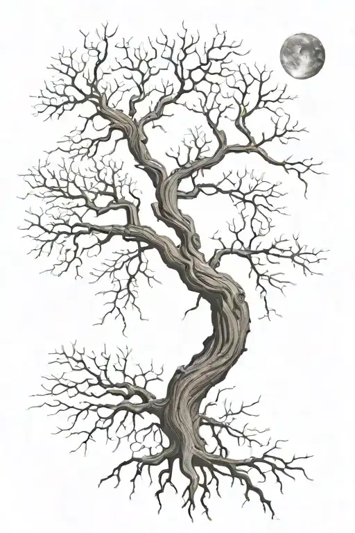 Leafless Tree Branches With Root Bottom Then Gets Smaller And Less Branches At Top With A Moon
