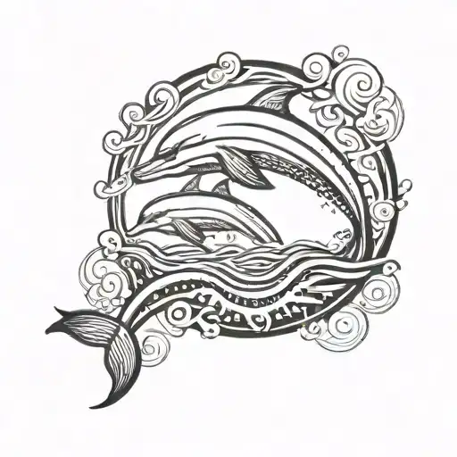 Sun With Water Waves And Dolphin Black And White Tattoo Design