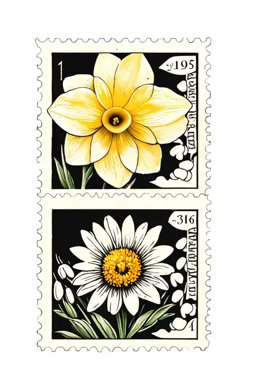 3 Postage Stamps One Has A Daffodil And One Has A Daisy And One Has A Lily Of The Valley