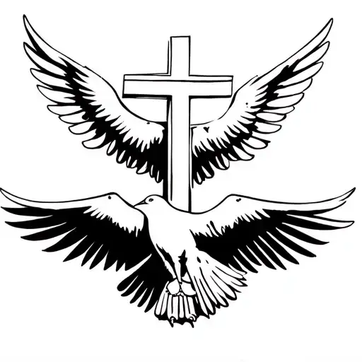 A Christian Cross In Straight Line And In Front Of A Dove Which Has Its Wings Deployed