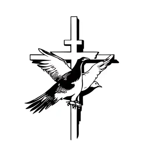 A Christian Cross In Straight Line And In Front Of A Dove Which Has Its Wings Deployed