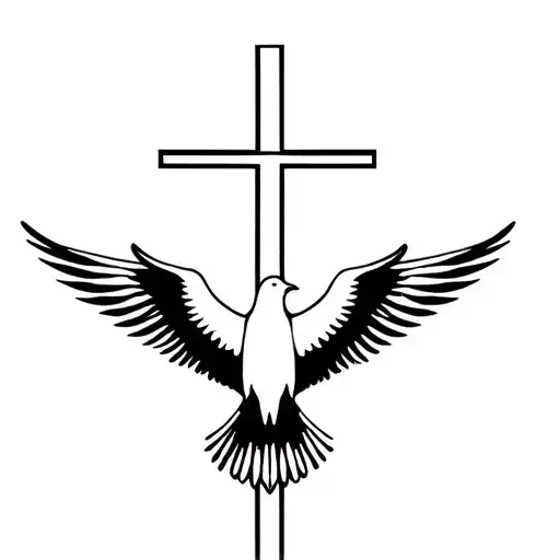A Christian Cross In Straight Line And In Front Of A Dove Which Has Its Wings Deployed