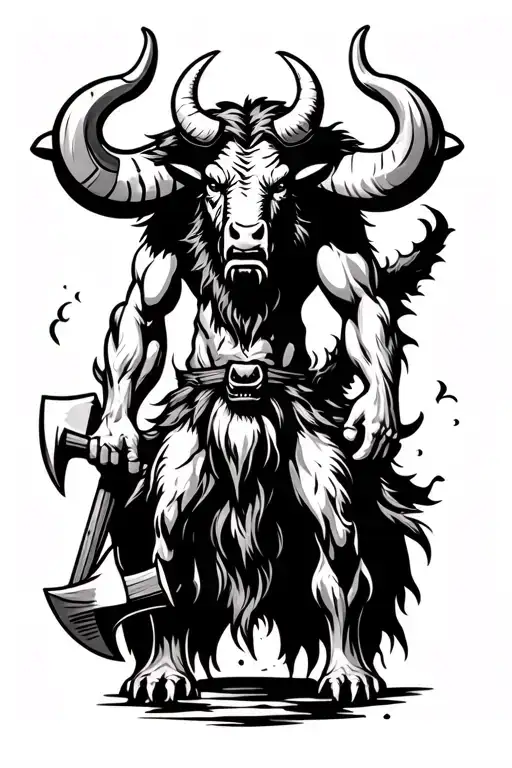 Minotaur Standing On 2 Legs With An Axe In Hand With Sneer On Face