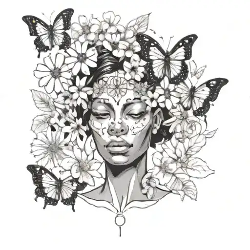 Black Woman With Butterfly Wings And Third Eye Surrounded By Flowers