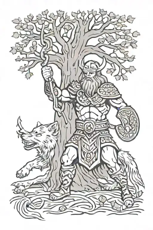 Viking Fighting Wolf Infront Of Yggdrasil Tree