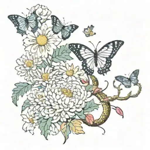 Chrysanthemums And Coronation Flowers Intertwined With Snake And Butterflies