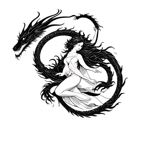 Dragon Flying Around Woman
