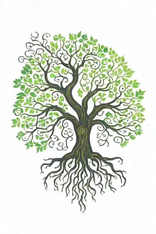 Oak Tree Silhouette With Colored Green Eyes Inthe Midtrunk With The Roots Connected To Rune Band