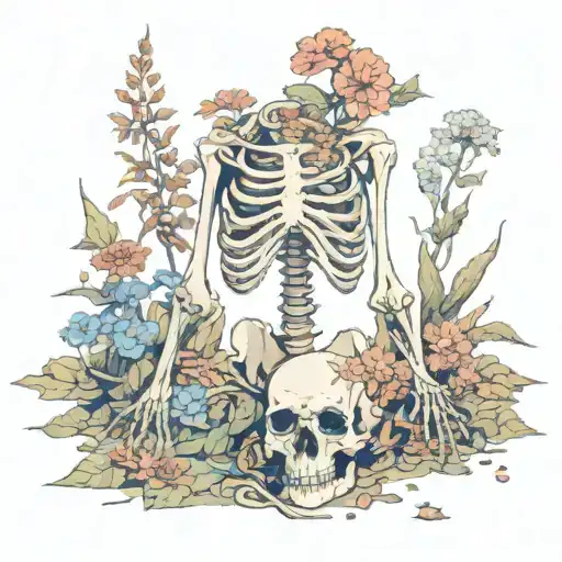 A Skeleton On The Ground With Flowers Growing From It