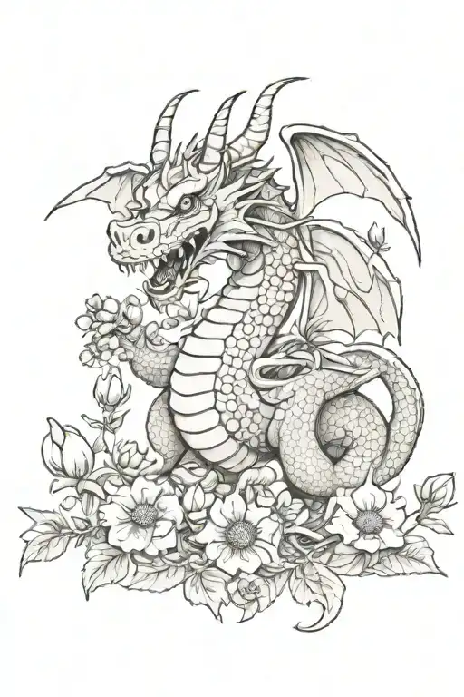 Dragon Wriggling Between Flowers