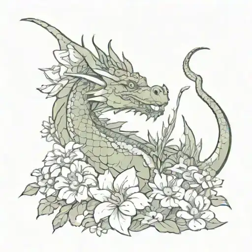 Dragon Wriggling Between Flowers