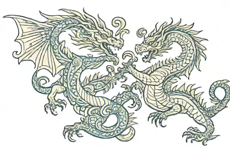 Prussian Folk Art Two Dragons Dueling Each Other Baltic Tribal With Flowers Sun And Moon