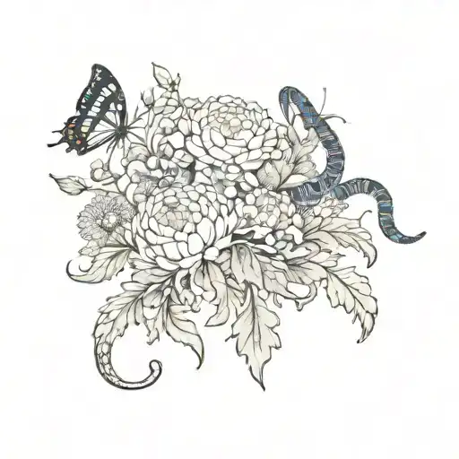 Chrysanthemums And Coronation Flowers Intertwined With Snake And Butterflies