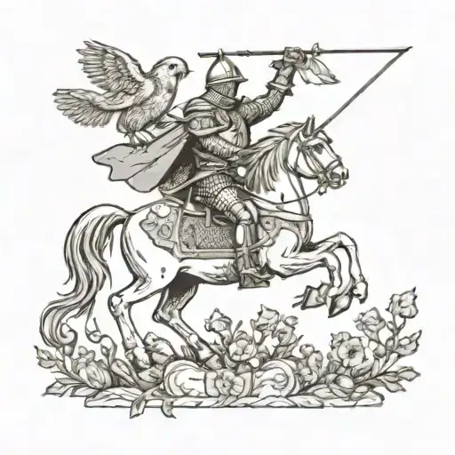 Knight Riding A Horse Holding A Bow Overhead Chickadees Owl
