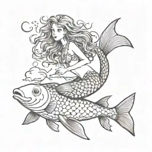 Mermaid Riding On A Fish With A Dritend
