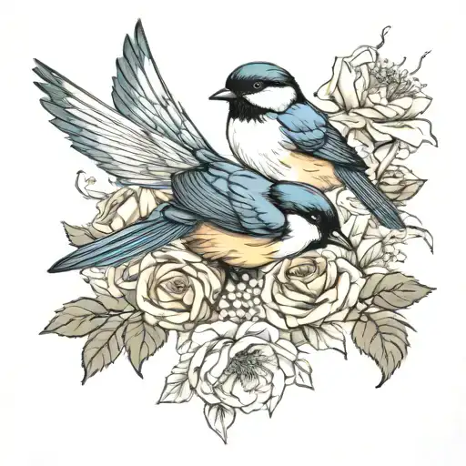 Swallow Bird Roses Intertwined Poppies Blooming Chickadee