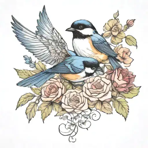 Swallow Bird Chickadee Roses Intertwined Poppies Growing