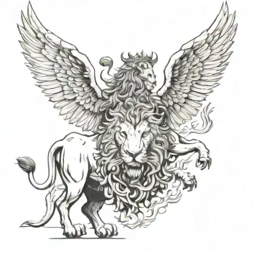 Phoneix Rising From The Ashes With Bull And Lion On Sides