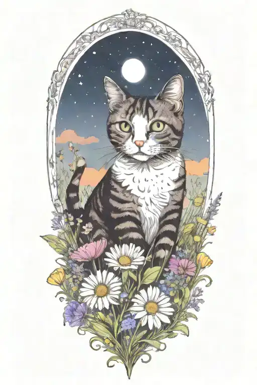 A Cat Exploring A Field Of Colorful Flowers Under A Starry Sky