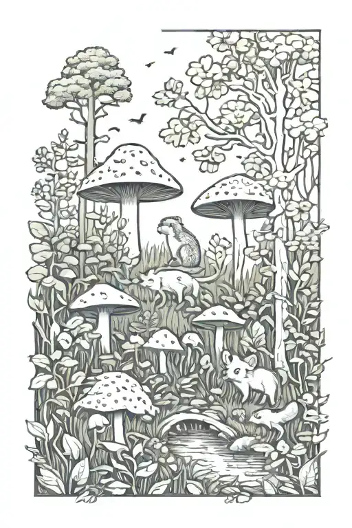 Full Sleeve Forest Scene Featuring Mushrooms And Hedgehog And Fox