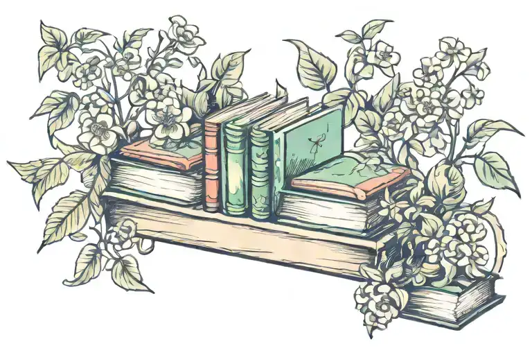 Horizontal Book Shelf Tattoo With Creeper Plant With Flowers Twirling Around