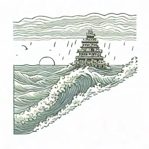 A Ziggurat In The Middle Of The Ocean During A Rainstorm With Massive Waves And A Shipwreck