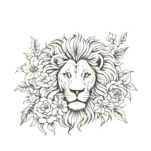 Lion And Flowers Around