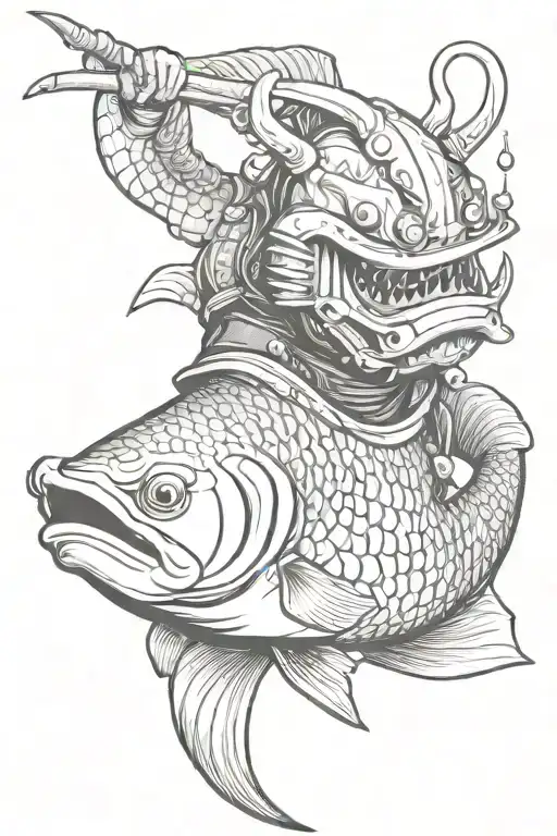 Zodiac Sign Evil Fish In A Samurai Helmet With A Bat