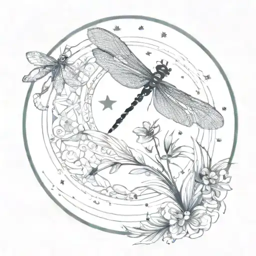 Dragonfly With Moon And Stars Shining