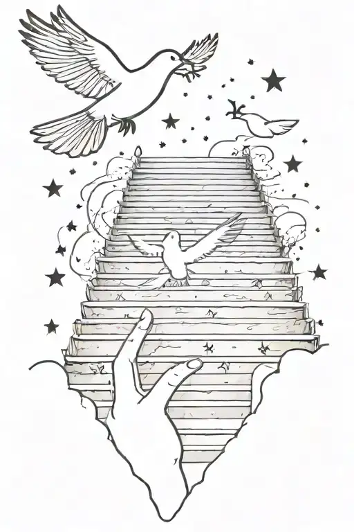 The Sky With Stars And Stairs And A White Dove With Two Hand Touching Fingertips