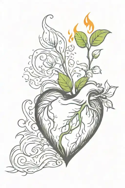Growing Sprout From Heart In Fire Flames