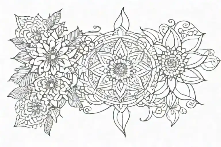 Fine Line Mandala And Flowers Intertwined