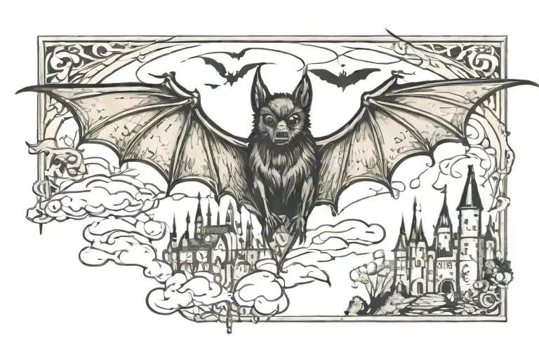 Gothic Bat Flying With Background Castle And Gothic Shapes