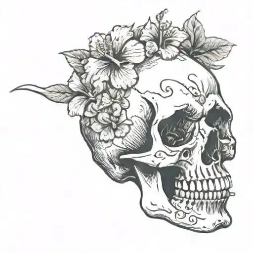 A Skull Wearing Hibiscus Flower