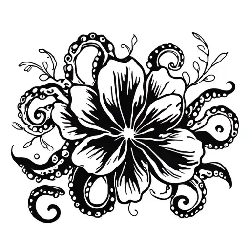 Octopus In Plumeria Flower Tattoo Sleeve
