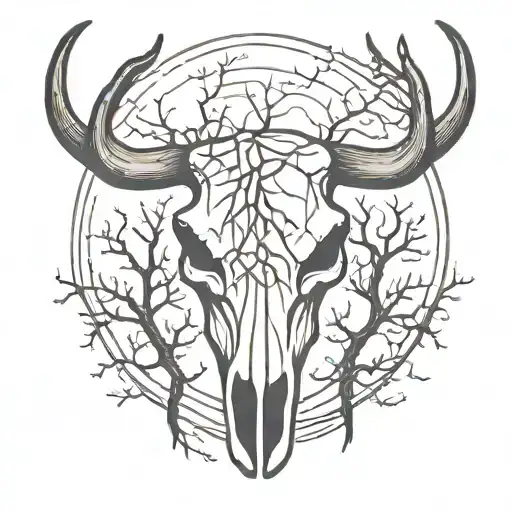 Bull Skull With Trees And Roots Reaching