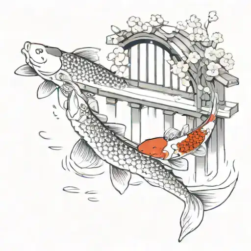 Koi Fish With Japanese Red Gate And Sakura Tree