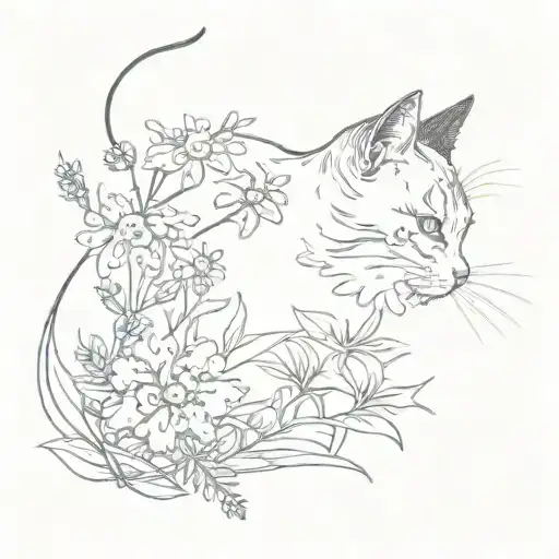 Cat Sketch Next To Forget-me-not Flower