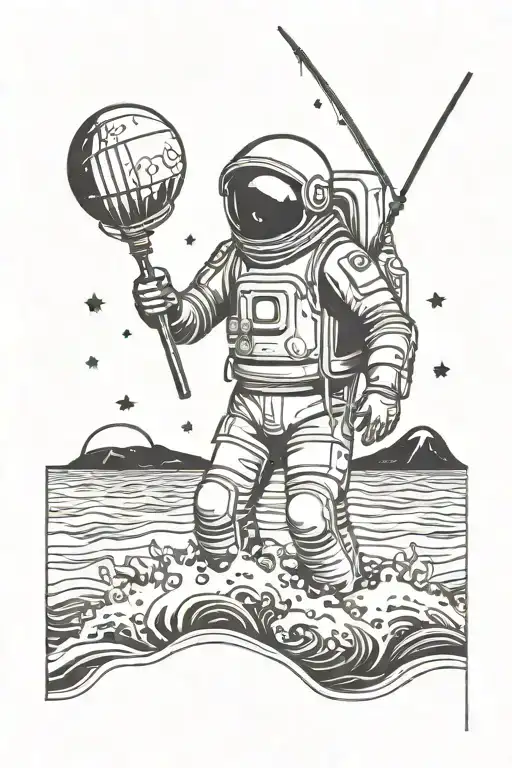Spaceman Standing With A Fishing Rod In Water With The Night Sky Above Tattoo Design Idea
