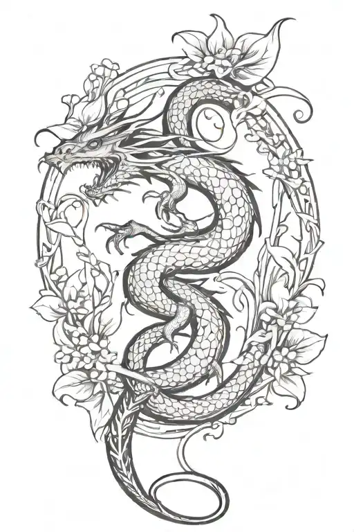 Dragon Intertwined With Vines And Lilly Of The Valley Flowers