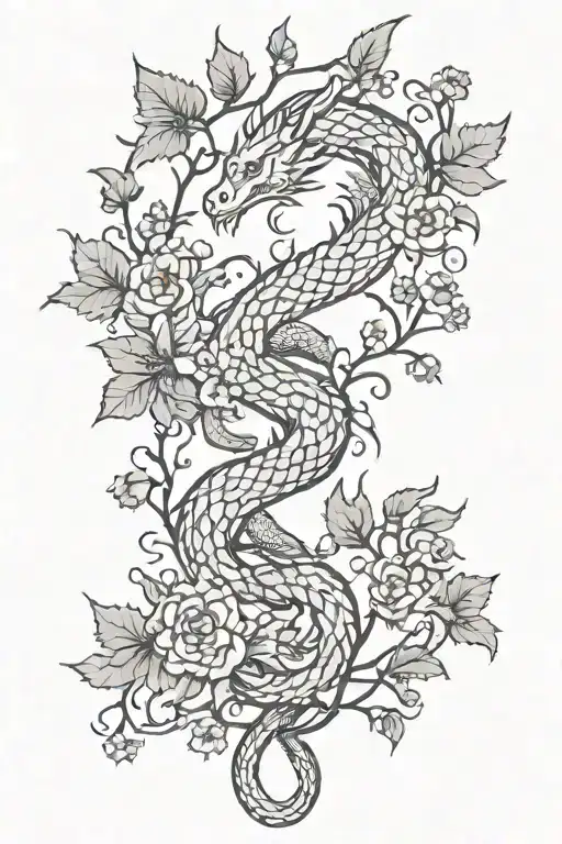 A Game Of Thrones Dragon Intertwined With Vines And Flowers