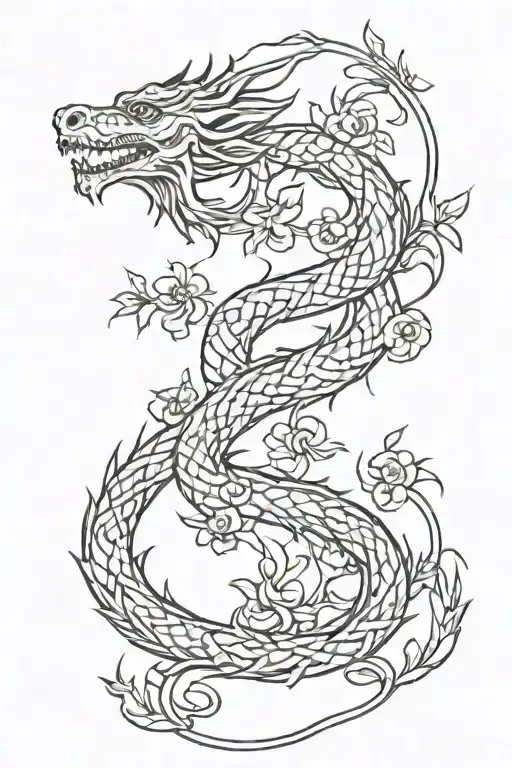 American Style Dragon Intertwined With Vines And Flowers