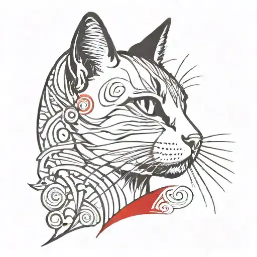 Tattoo Sketch In Black And Red With A Cat And The Sun In The Sketch Style
