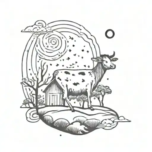A Tattoo Design Of A Farm Animal Constellation With Moons And Clouds In The Background