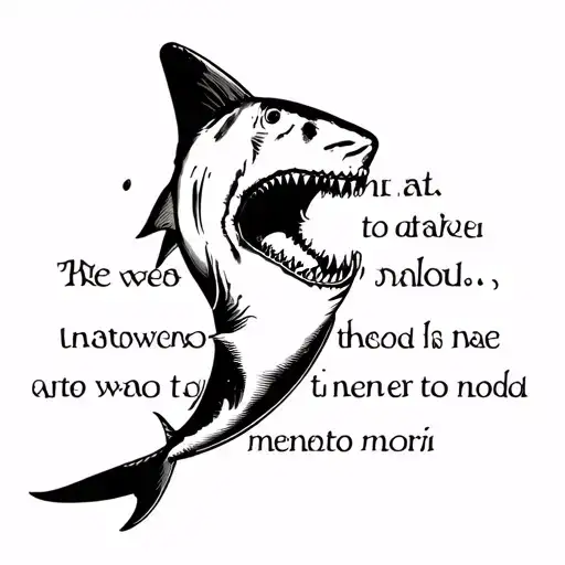 A Quote Saying Memento Mori With A Shark In The Middle Swiming On Its Side With The Mouth Open