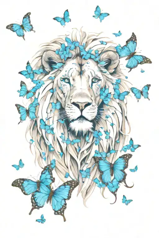 Blue Eyed Lion Surrounded By Blue Butterflies Fluttering