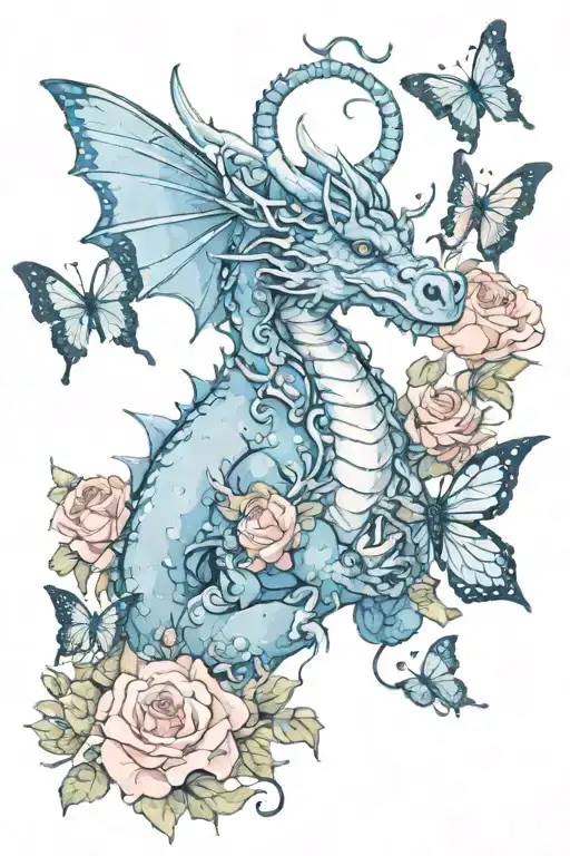 Dragon Surrounded By Blue Butterflies And Roses
