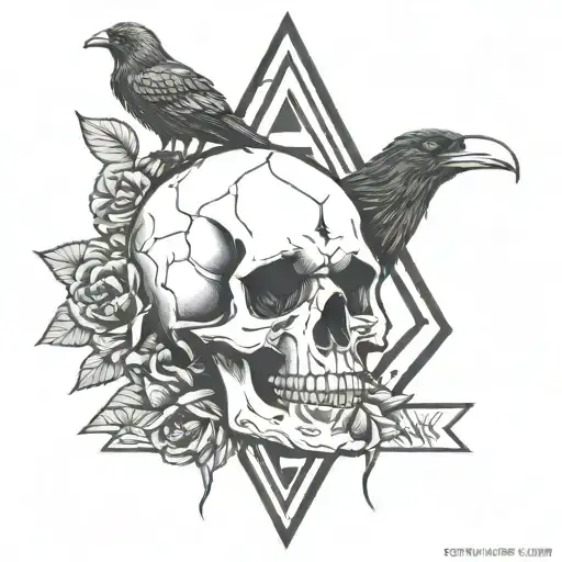 Skull With Triangle On It And Snake In It And A Crow Sitting On Top Holding A Black Rose