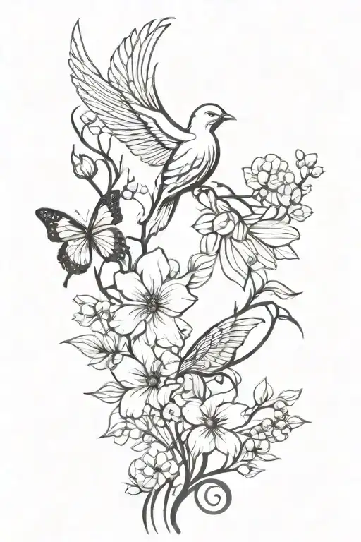 Phenix Bird With Butterfly And Flowers Growing