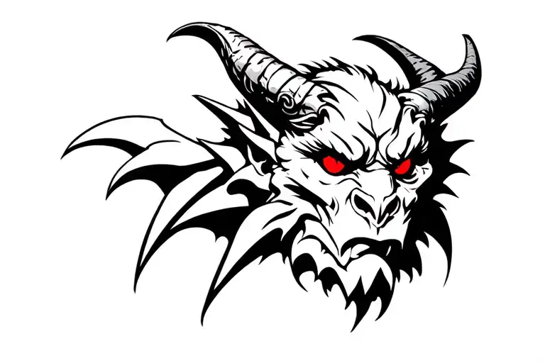 Black Gargoyle Head With Red Eyes And Big Horns